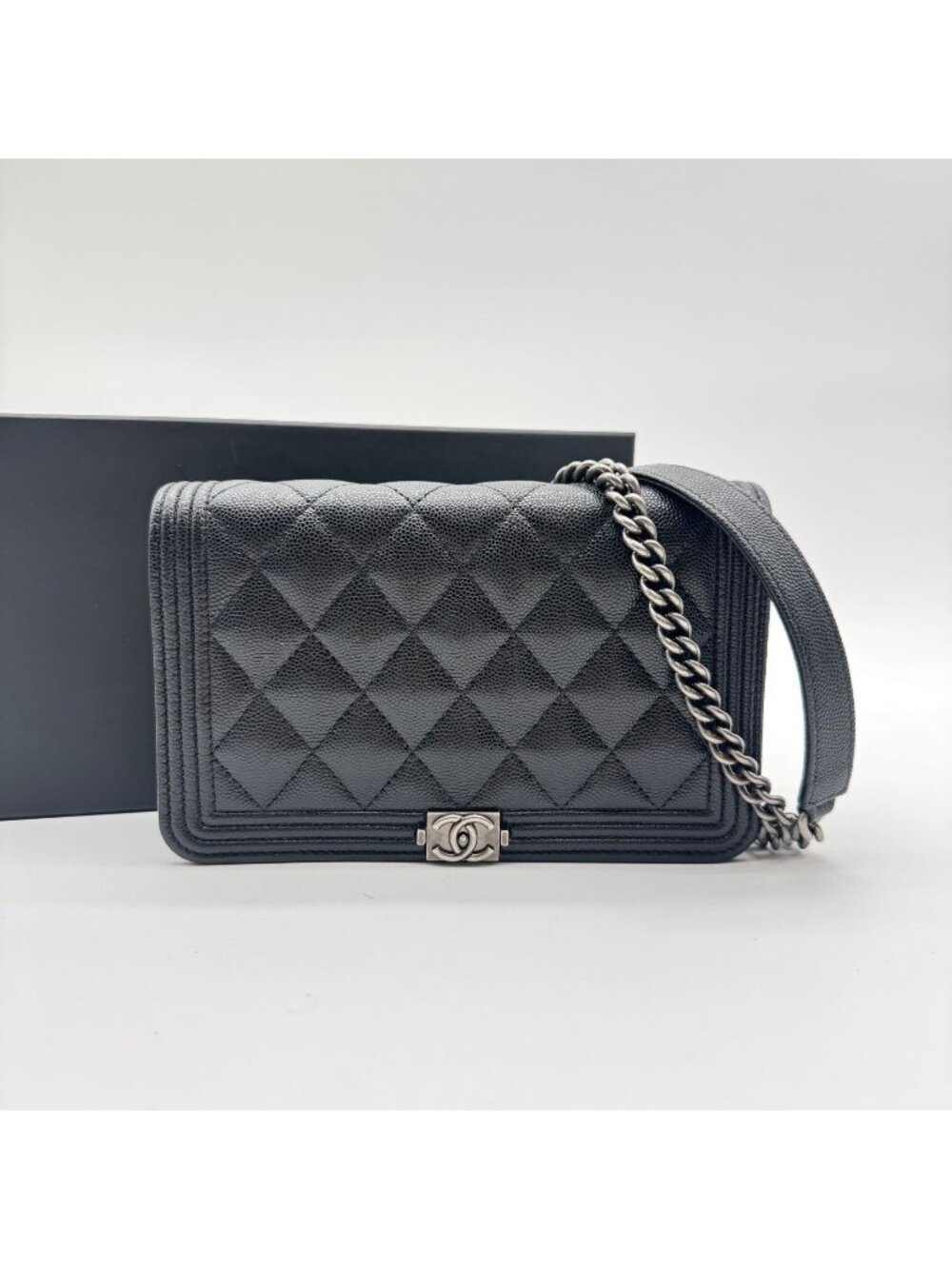 Chanel Appearance Chain Wallet Shoulder Bag Boy Caviar Leather CC Logo Silver